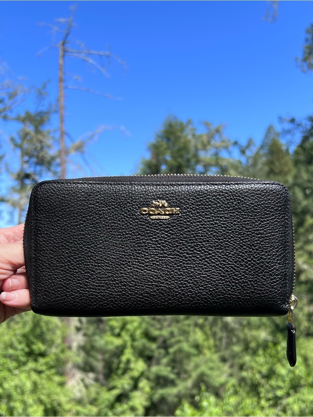 COACH Long Zip-Around Black Pebble Leather Wallet with Gold Hardware AUTHENTIC